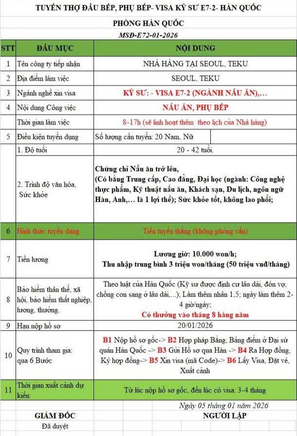 don dau bep di han quoc visa e7 2